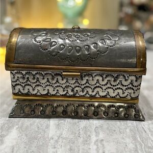 Vintage Intricate Stamped Jewelry Casket Trinket Box Metal Ornate Domed Hammered